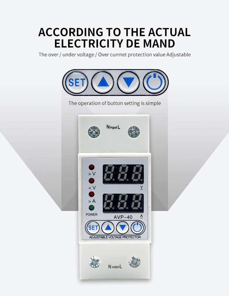 63A 40A DIN Rail Adjustable Over Under Voltage Protector Relay Automatic Voltage Protector