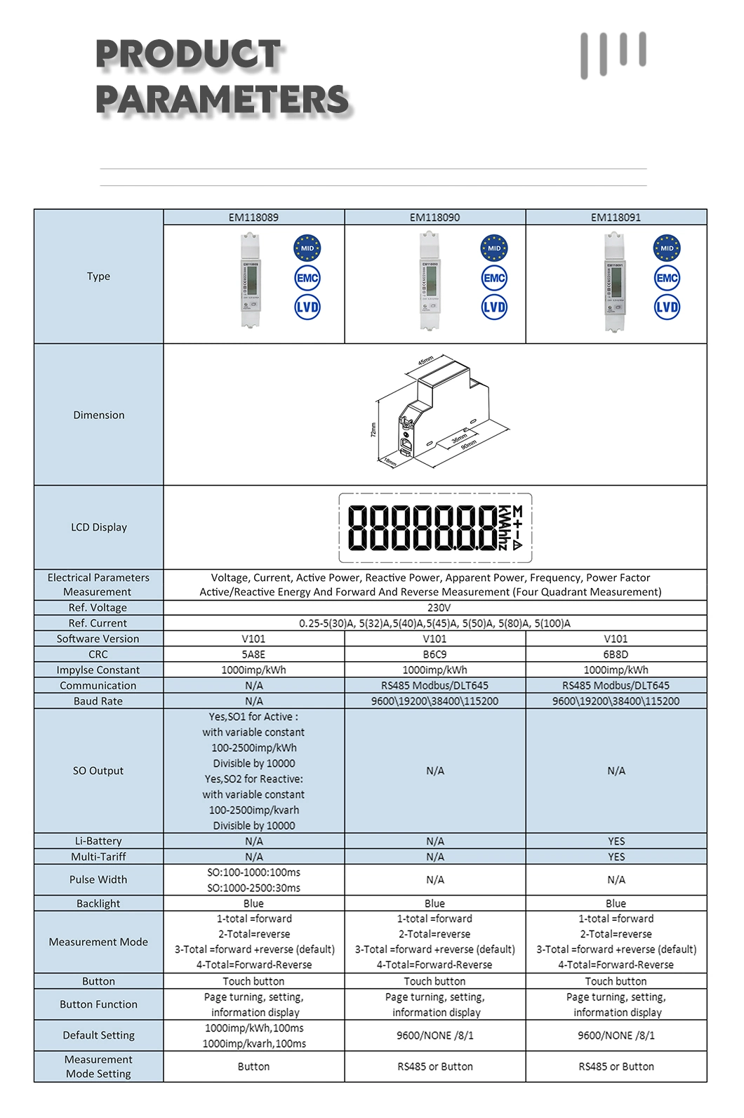 Em118089/90/91 Single Phase RS485 DIN Rail Solar Bidirectional Energy Meter